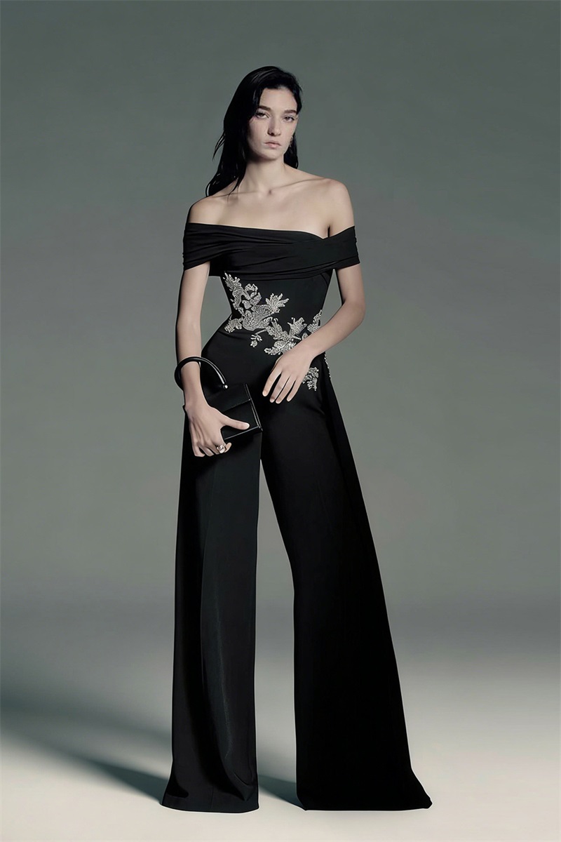 Women'S Formal Jumpsuit Evening Wear - Black Crystals Women Jumpsuit Sexy Off
