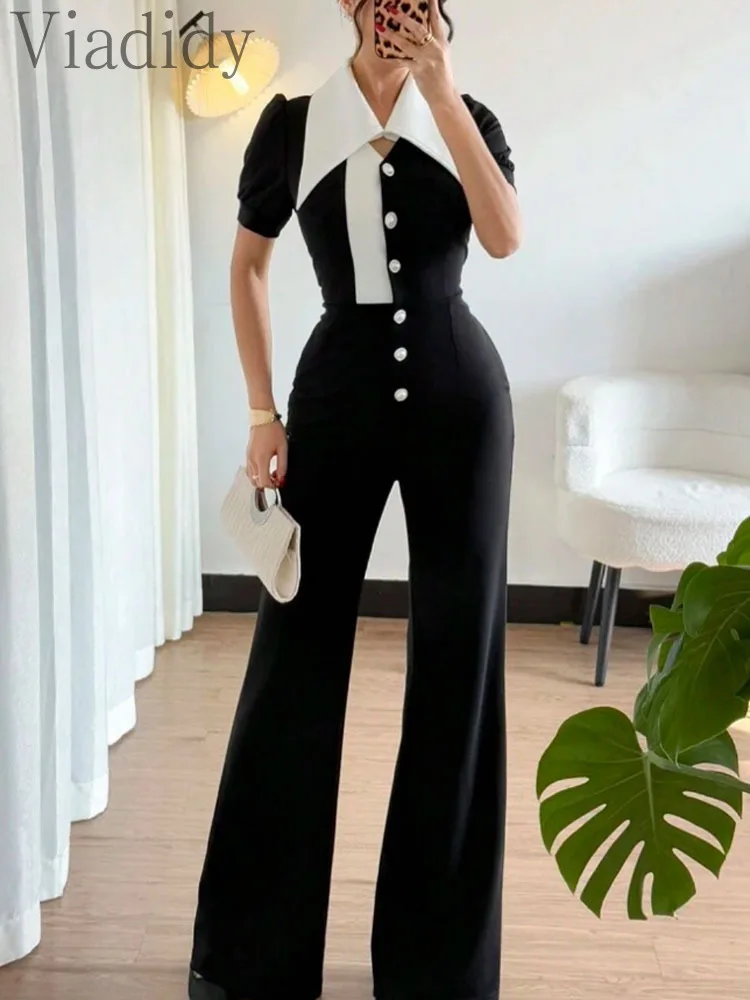 Women'S Formal Jumpsuit Evening Wear - Women's Elegant Color Block Lapel Collar