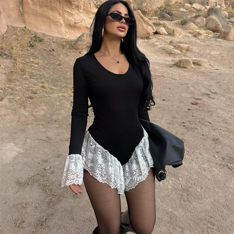 Women'S Formal Jumpsuit Evening Wear - Black White Lace Women Jumpsuit Full