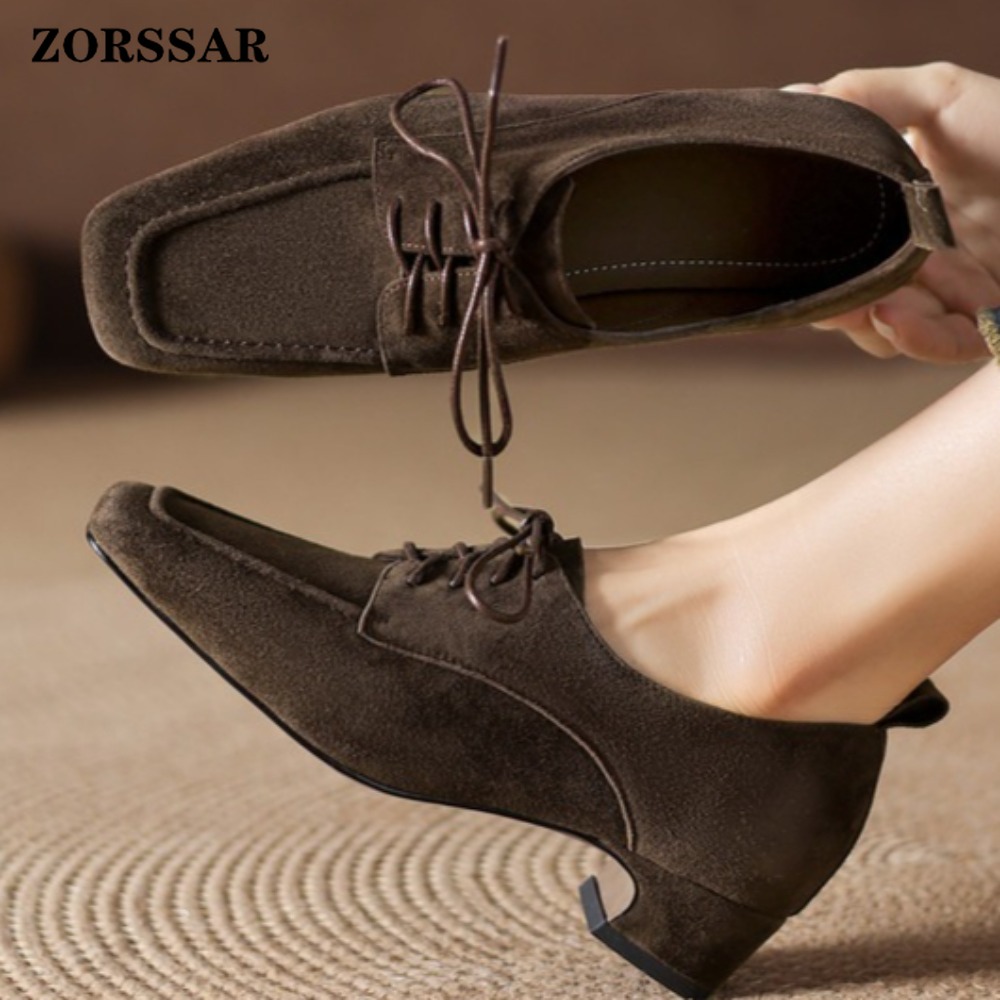 Women Formal Office Wear Shoes - Women's Brown Suede Square Toe Lace-up
