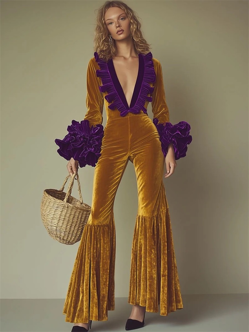 Women'S Formal Jumpsuit Evening Wear - Yellow Purple Velvet Women Jumpsuit Sexy