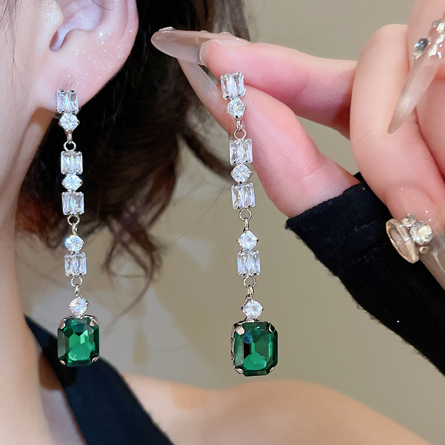 Women'S Green Formal Wear - Green Square Zircon Dangle Earrings for